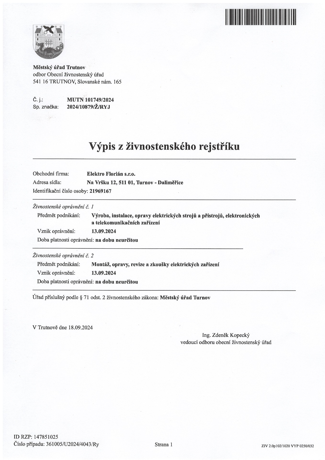 Výpis z živnostenského rejstříku